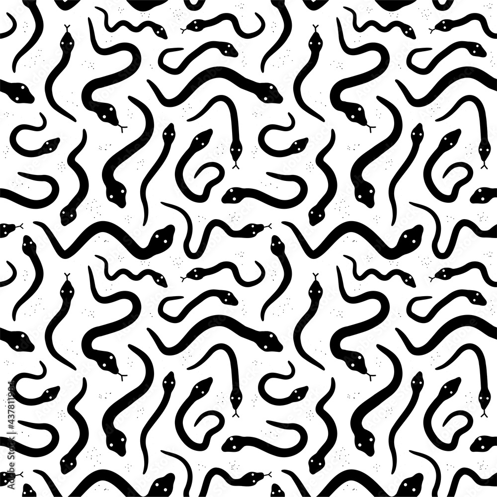 White snakes on black background seamless pattern. Vector hand drawn grunge style illustration icon. Different snakes seamless pattern