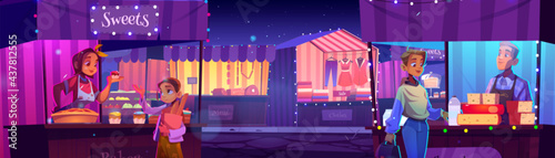People visit night fair with outdoor market stalls, booths and kiosks with striped awning. Characters buying clothes or food in wooden illuminated vendor street counters, cartoon vector illustration