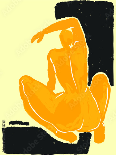 Abstract figure people vector illustration. Art print, line art, engraving, rough, yellow, black.