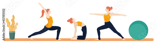 Set of slim sportive young woman doing yoga and fitness exercises. Healthy lifestyle. Collection of female cartoon charaacters demonstrating various yoga positions isolated on white background