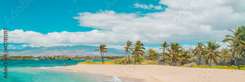 Hawaii beach panoramic travel banner of woman tourist walking on secluded shore in Waikoloa, Big Island, USA.