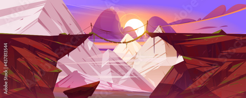 Suspended mountain bridge hang above cliff, snowy rock peaks landscape background. Beautiful scenery nature view, rope bridgework with wooden crossbars connect rocky edges Cartoon vector illustration