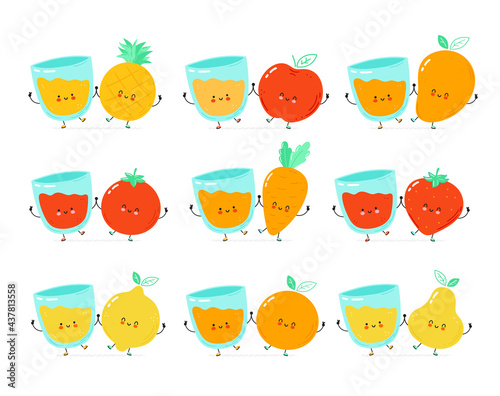 Cute happy fruits, vegetables and juice glass. Isolated on white background.Vector cartoon character hand drawn style illustration. Pear,strawberry,tomato,apple,orange, mango cartoon character concept