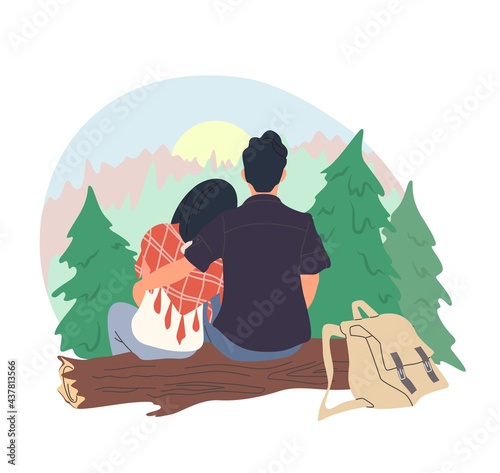 Romantic couple watching the sun rise sitting on log, vector illustration. Hiking, camping. Summer outdoor activity.