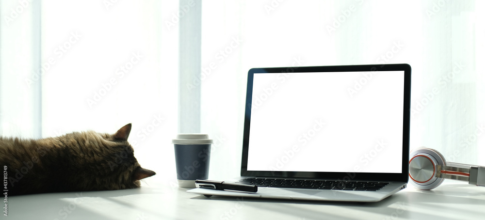 Workspace desk and laptop.Business image, Blank screen laptop and supplies. Workspace desk and laptop.Business image, Blank screen laptop and supplies.
