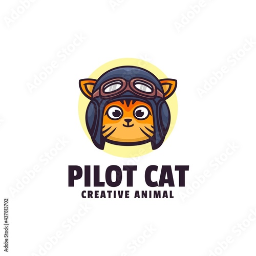 Vector Logo Illustration Pilot Cat Simple Mascot Style.