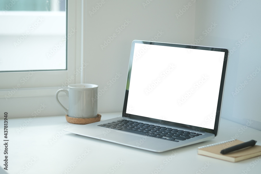 Workspace desk and laptop.Business image, Blank screen laptop and supplies. Workspace desk and laptop.Business image, Blank screen laptop and supplies.