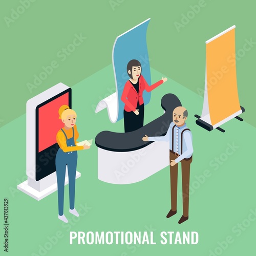 Promotional stands. Sales promoters advertising products to customer, vector isometric illustration. Exhibition booth.