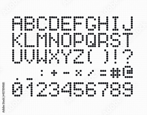 Digital font for scoreboards, vector typeface. Led display uppercase letters, numbers and symbols