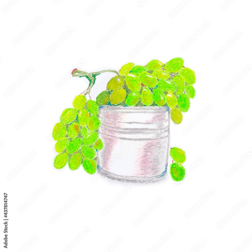 grapes in a can drawing with oil pastel. Hand drawing. Stock