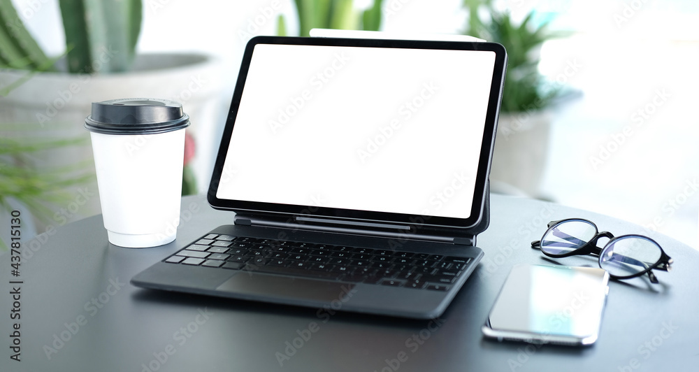 Workspace desk and laptop.Business image, Blank screen laptop and supplies. Workspace desk and laptop.Business image, Blank screen laptop and supplies.
