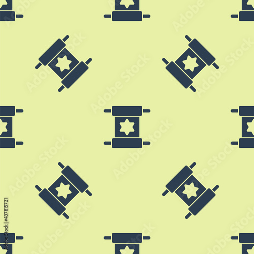 Blue Torah scroll icon isolated seamless pattern on yellow background. Jewish Torah in expanded form. Star of David symbol. Old parchment scroll. Vector