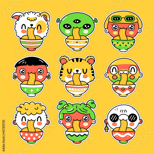 Cute funny people eat noodles from bowl set collection. Vector hand drawn cartoon kawaii character illustration sticker set. Asian food, japanese kids noodle mascot cartoon character bundle concept