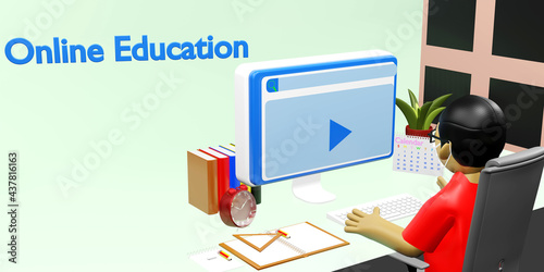 Student Learning Online at Home. Studying by Personal Computer, Books and Exercise Books. Online Education Concept. 3d render illustration.