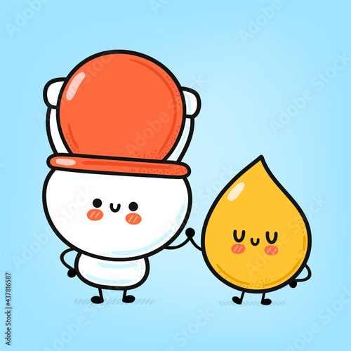 Cute funny happy white toilet bowl and urine deop. Vector hand drawn cartoon kawaii character illustration icon. Funny cartoon WC, toilet bowl and yellow urine drop mascot character concept