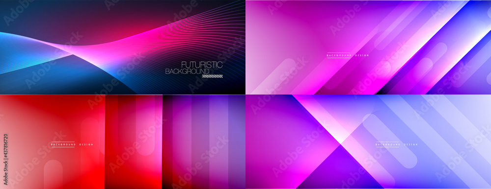 Set of shiny glowing neon lights and lines in the dark. Modern techno abstract background