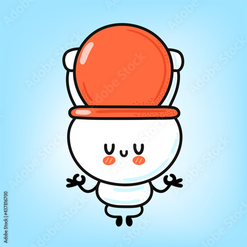 Cute funny happy white toilet bowl meditate in yoga pose. Vector hand drawn cartoon kawaii character illustration icon. Funny cartoon WC, toilet bowl mascot character concept