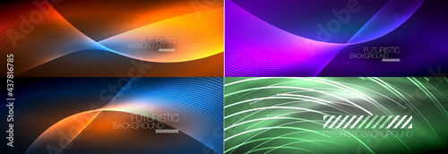 Set of shiny glowing neon lights and lines in the dark. Modern techno abstract background