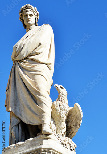 Beautiful statue of Italian poet, writer and philosopher Dante Alighieri, Piazza Santa Croce, UNESCO World Heritage Site, historic centre, Florence, Tuscany, Italy, vertical photo