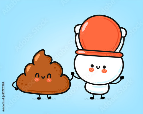 Cute funny happy white toilet bowl and poop character. Vector hand drawn cartoon kawaii character illustration icon. Funny cartoon WC, toilet bowl mascot character concept