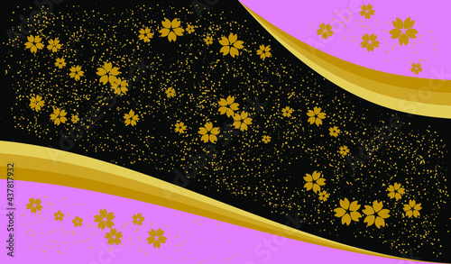 Gold Sakura Flowers on the Black Background with Gold Lines and Dots