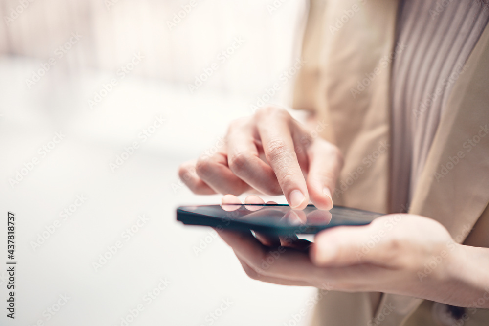 Closeup female using smartphone, she chatting online messaging and social network on mobile. Closeup female using smartphone, she chatting online messaging and social network on mobile.
