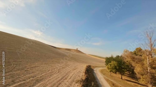 Amazing aerial view of the interesting high tower of El Palmar de Troya in Andalucía Spain
