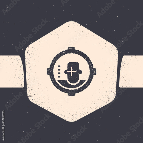 Grunge Headshot icon isolated on grey background. Sniper and marksman is shooting on the head of man, lethal attack, assault and assassination. Monochrome vintage drawing. Vector