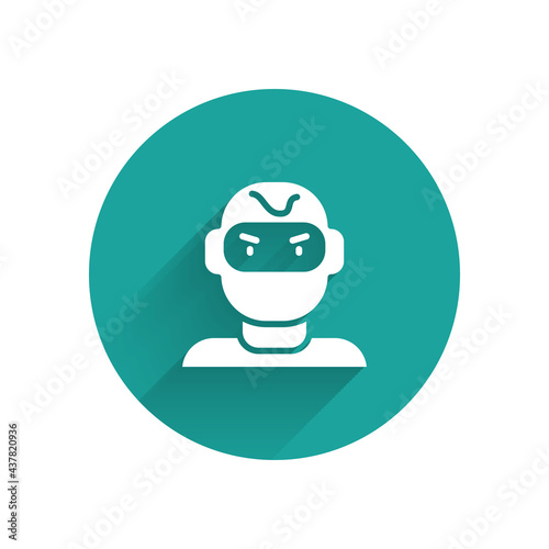 White Thief mask icon isolated with long shadow. Bandit mask, criminal man. Green circle button. Vector