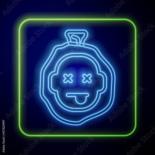 Glowing neon Murder icon isolated on blue background. Body, bleeding, corpse, bleeding icon. Dead head. Concept of crime scene. Vector