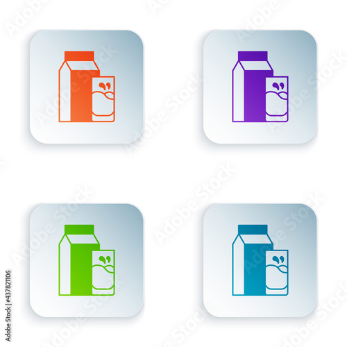 Color Paper package for kefir and glass icon isolated on white background. Dieting food for healthy lifestyle and probiotics fulfillment. Set colorful icons in square buttons. Vector