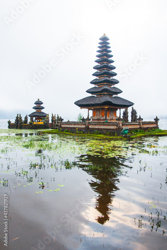 pura ulun danu bratan hindu temple on bratan lake in bali  cloudy rainy weather