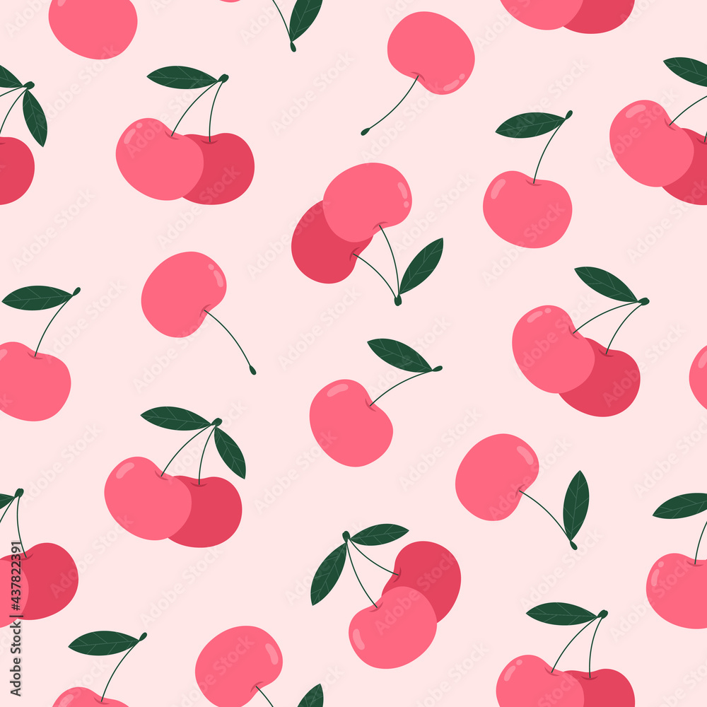 Seamless cherry pattern. Pink juicy berries on a light background. Perfect for printing on fabric, wallpaper, background, postcard, banner, wrapping paper. Vector summer illustration. Seamless cherry pattern. Pink juicy berries on a light background. Perfect for printing on fabric, wallpaper, background, postcard, banner, wrapping paper. Vector summer illustration.