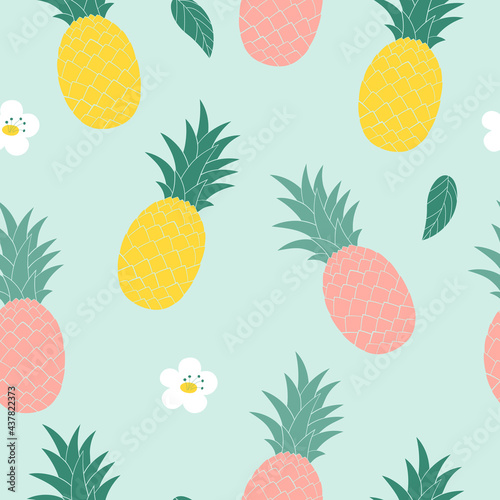 Yellow, pink pineapples on a blue background. Seamless pattern for background, fabric printing, wrapping paper, phone case, wallpaper. Vector summer illustration