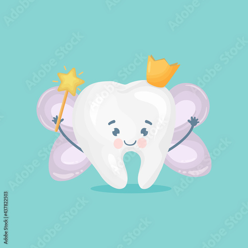 Cute tooth, flying fairy with shining effect stars, cartoon character, oral dental hygiene, vector.