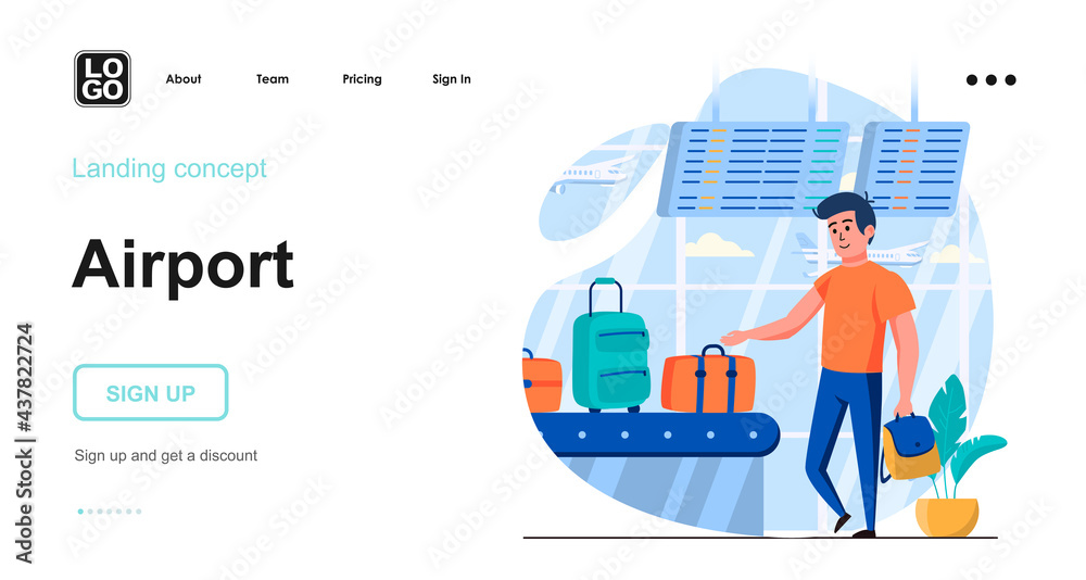 Airport web concept. Male pick up his luggage, arrival at destination country, flights travel. Template of people scenes. Vector illustration with character activities in flat design for website