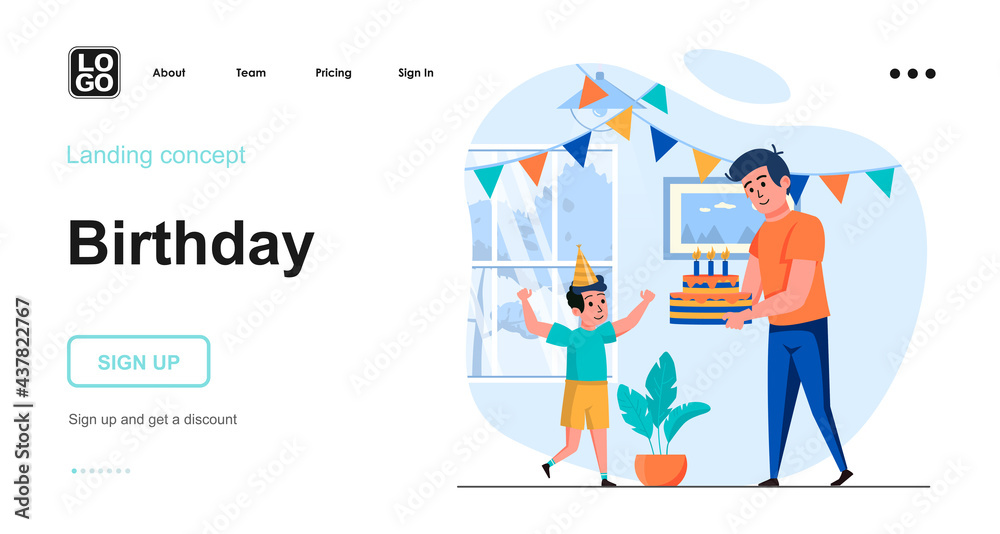 Kid birthday party web concept. Father holding birthday cake, celebrating holiday with son at home. Template of people scene. Vector illustration with character activities in flat design for website