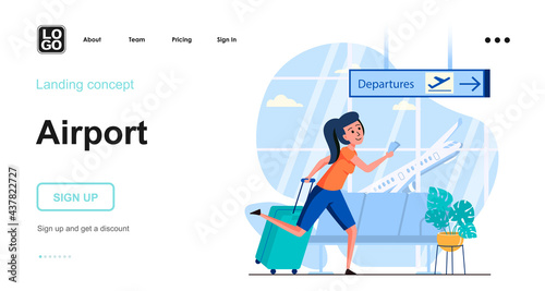 Airport web concept. Woman with luggage hurries to boarding at departure gate, flights and travel. Template of people scenes. Vector illustration with character activities in flat design for website