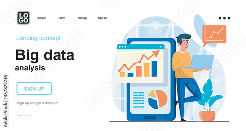 Big Data analysis web concept. Financial accounting in mobile app, analysis growth charts statistics. Template of people scene. Vector illustration with character activities in flat design for website