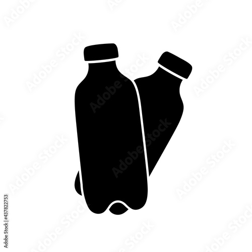 Silhouette icon of two PET bottles. Hand drawn simple illustration of plastic container for water, liquid, oil. Black isolated vector pictogram on white background