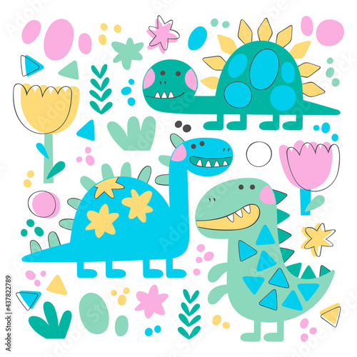 Dinosaur: Tyrannosaurus, Diplodocus, Brontosaurus. Cartoon animals. Plants: flowers and leaves. Doodle figures. Isolated vector objects on a white background. Set.
