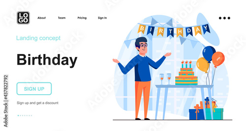 Birthday party web concept. Man preparing for festive event at home, birthday cake, gifts, decor. Template of people scene. Vector illustration with character activities in flat design for website