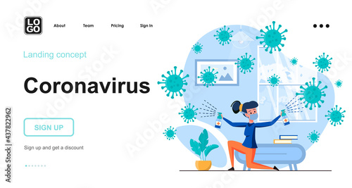 Coronavirus web concept. Woman in protective mask disinfects room at home. Stop spread of covid-19. Template of people scenes. Vector illustration with character activities in flat design for website