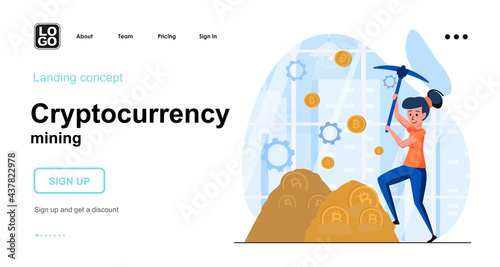 Cryptocurrency mining web concept. Woman mining crypto coins. Blockchain technology, financial tools. Template of people scene. Vector illustration with character activities in flat design for website
