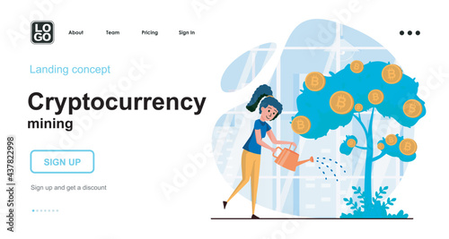 Cryptocurrency mining web concept. Woman watering money tree with bitcoins. Investment tools. Template of people scene. Vector illustration with character activities in flat design for website
