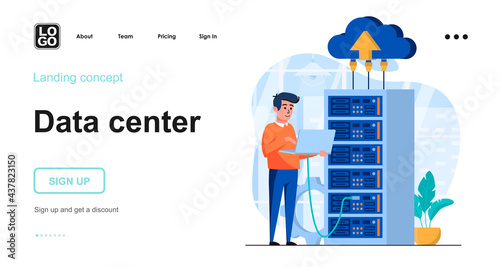 Data server web concept. Technician works in server room racks. Cloud storage technology, database. Template of people scene. Vector illustration with character activities in flat design for website