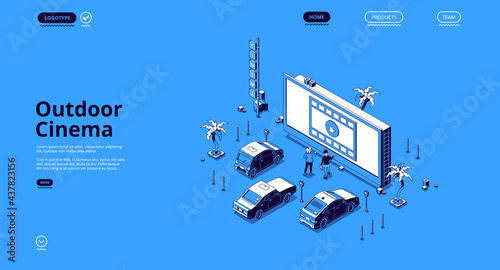 Outdoor cinema isometric landing page. Couple dating at car drive-in theater with automobiles stand in open air parking. Man and woman watching movie on huge screen, 3d vector line art web banner