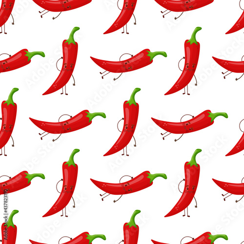 Cute smiling cartoon style red chili pepper characters and hearts vector seamless pattern background.