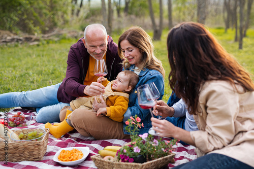 Happy multigeneration family outdoors having picnic in nature.