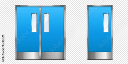 Metal doors with glass elements. Closed double and single office entrance, boutique facade, shop or store doorway isolated on transparent background. Modern interior design, realistic 3d vector entry